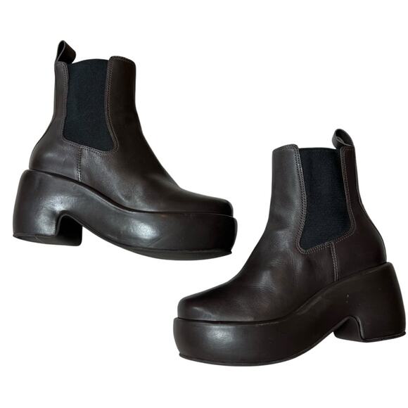 EVERLANE The Puffa Chelsea Boot Dark Brown Leather Pull On High Heel Platform 7 - Picture 5 of 10